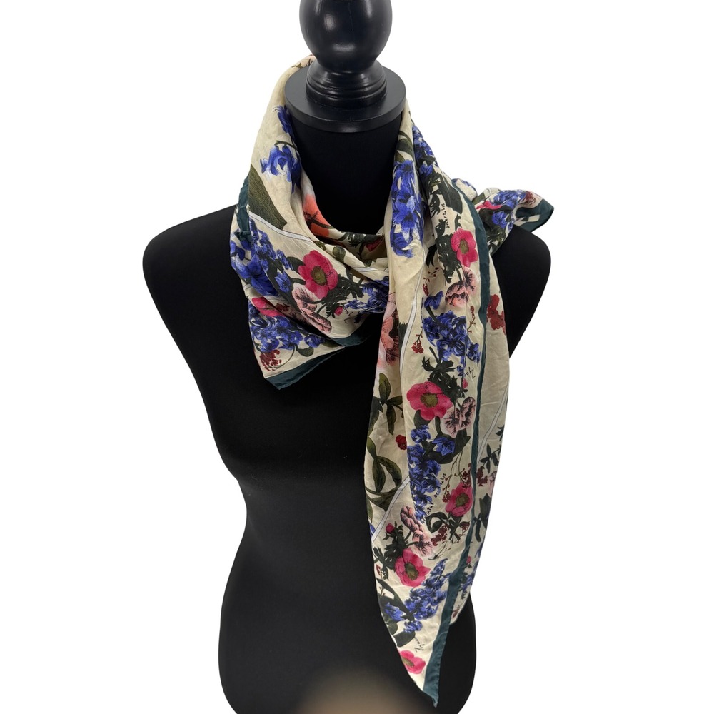 Vintage Style Botanical Floral Square Scarf Cream Blue Pink Hyacinth Poppy
